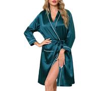 Sopesil Women's Satin Dressing Gowns Short Ladies Kimono Lightweight Morning Robes Bridal Soft Wedding Party Sleepwear V-Neck, Peacock blue,L