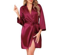 Sopesil Women's Satin Dressing Gowns Shorts Ladies Kimono Morning Robes Bridal Soft Wedding Party Sleepwear V-Neck, Wine red, S