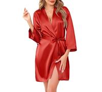Sopesil Women's Satin Dressing Gowns Shorts Ladies Kimono Morning Robes Bridal Soft Wedding Party Sleepwear V-Neck, Red, M