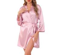 Sopesil Women's Satin Dressing Gowns Shorts Ladies Kimono Morning Robes Bridal Soft Wedding Party Sleepwear V-Neck, Pink, L