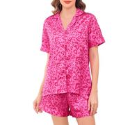 Sopesil Women's Satin Pyjamas Short Sets Ladies Pyjamas Silk Button Down Pjs for Women Printed Two Piece Comfy Sleepwear Loungewear classic, Rose red leopard, M