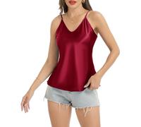 Sopesil Women's Satin Sleeveless Tank Top V Neck Silk Camisole Basic Vest Elegant Simple Cami Shirt with Adjustable Strap, Purplish-red, L