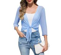 Sopesil Women's Shrug Bolero 3/4 Sleeve Cardigans Short for Women Lightweight Tie Tops Suave Ladies Cropped Versatile Casual Elegant, Light Blue, XXL