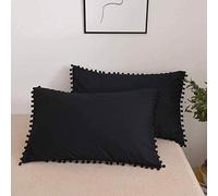 Sophia-Art Bed Fringes Bedding Pom Pom UO Pillow Throw Cover Cushion Bed Bohemian Sham Sofa Tassels Cotton Pillow Cover Set of 2 (Black Pom Pom, 12x16 Inches)