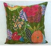 Sophia-Art Chic Decorative Cover Bohemian Hippie Sofa Pillow Case Fruit Handmade Cushion Kantha Cotton Throw Boho Pillow Covers (Dark Green, 16" x 16")