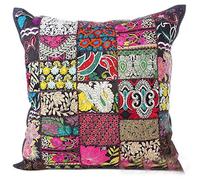 Sophia-Art Decorative Cushion Cover Cotton Patchwork Embroidered Sequin Beads Ethnic Flowers Leaves Geometric Square Scatter Floor Pillow Case Fits (Black (Scatter Square), 24" x 24")