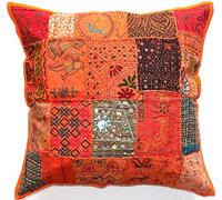 Sophia-Art Decorative Cushion Cover Cotton Patchwork Embroidered Sequin Beads Ethnic Flowers Leaves Geometric Square Scatter Floor Pillow Case Fits (Orange (Scatter Square), 24" x 24")
