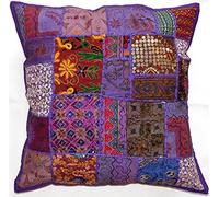 Sophia-Art Decorative Cushion Cover Cotton Patchwork Embroidered Sequin Beads Ethnic Flowers Leaves Geometric Square Scatter Floor Pillow Case Fits (Purple (Scatter Square), 24" x 24")
