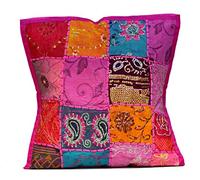 Sophia-Art Decorative Cushion Cover Cotton Patchwork Embroidered Sequin Beads Ethnic Flowers Leaves Geometric Square Scatter Floor Pillow Case Fits (Pink (Scatter Square), 16" x 16")