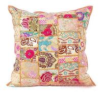 Sophia-Art Decorative Cushion Cover Cotton Patchwork Embroidered Sequin Beads Ethnic Flowers Leaves Geometric Square Scatter Floor Pillow Case Fits (Beige (Scatter Square), 24" x 24")