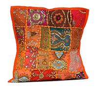 Sophia-Art Decorative Cushion Cover Cotton Patchwork Embroidered Sequin Beads Ethnic Flowers Leaves Geometric Square Scatter Floor Pillow Case Fits (Orange (Scatter Square), 16" x 16")