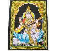 Sophia-Art God Multi Indian Arjun Buddha Poster Beautiful Jesus Shiva Tapestry Sequin Wall Work Handmade Krishna Radha Hanging Ethbic Ram SaiBaba Cotton Poster Laxmi Unique Poster (Goddess Saraswati)