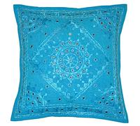 Sophia Art Home Furnishing Decorative Heavy Handmade Embroidered and Mirror Work Indian Cotton Maroon Throw Pillow Cushion Covers 16 x 16 Inches (Turquoise, 01 Pcs (16"x 16"))