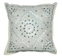 Sophia Art Home Furnishing Decorative Heavy Handmade Embroidered and Mirror Work Indian Cotton Maroon Throw Pillow Cushion Covers 16 x 16 Inches (White, 01 Pcs (16"x 16"))