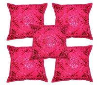 Sophia Art Home Furnishing Decorative Heavy Handmade Embroidered and Mirror Work Indian Cotton Maroon Throw Pillow Cushion Covers 16 x 16 Inches (Pink, 05 Pcs Lot (16"x 16"))