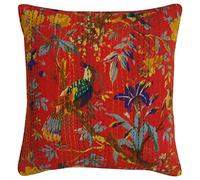 Sophia Art Indian Floral Home Décor Birds Handmade Thread Embroidery Cotton Cushion Covers Block Printed Throw Pillow Patchwork Sari Ethnic Kantha Cushion Cover 40x40 16x16 (Red)
