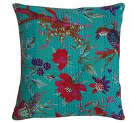 Sophia Art Indian Floral Home Décor Birds Handmade Thread Embroidery Cotton Cushion Covers Block Printed Throw Pillow Patchwork Sari Ethnic Kantha Cushion Cover 40x40 16x16 (Multi)