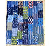 Sophia-Art Indian Hand Block Print Patch Work Kantha Quilt Blanket Bedspread Throw Hippie Ethnic Rallies Bohemian Cotton Sari Bed Cover (Blue Patchwork, 90" X 108")