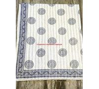Sophia-Art Traditional Indian Hand Made Cotton Ethnic Kantha Quilt Hippie Floral Bed Spread Blanket Throw Indian Bohemian Hand Block Bed Cover White Base (Blue, 60X90 inch)