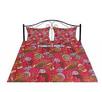 Sophia-Art Twin/King Indian Fruit Reversible Bedspread Pattern Gudri Pure Cotton Kantha Style Quilt Floral Fruit Print Decorative Kantha Stitch Quilt (Dark Pink, Twin 60"x90" With Sham Cover)