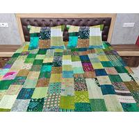 Sophia-Art Twin/King Indian Silk Sari Kantha Bedspread Bed Cover Ethnic Throws Quilted Patchwork Indian Quilt Cover Old Bohemian Vintage Patola Quilt (Green, King 90"x108" With Sham Covers)