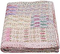 Sophia-Art Twin/King Indian Silk Sari Kantha Bedspread Bed Cover Ethnic Throws Quilted Patchwork Indian Quilt Cover Old Bohemian Vintage Patola Quilt (White, Twin 60" x 90")