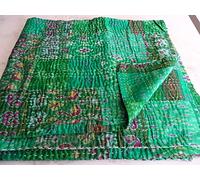 Sophia-Art Twin/King Indian Silk Sari Kantha Bedspread Bed Cover Ethnic Throws Quilted Patchwork Indian Quilt Cover Old Bohemian Vintage Patola Quilt (Green, Twin 60" x 90")