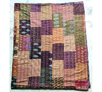 Sophia-Art Twin/King Indian Silk Sari Kantha Bedspread Bed Cover Ethnic Throws Quilted Patchwork Indian Quilt Cover Old Bohemian Vintage Patola Quilt (Brown, Twin 60" x 90")