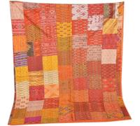 Sophia-Art Twin/King Indian Silk Sari Kantha Bedspread Bed Cover Ethnic Throws Quilted Patchwork Indian Quilt Cover Old Bohemian Vintage Patola Quilt (Orange, Twin 60" x 90")
