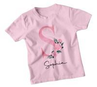 Sophia Initial S Floral Personalised Girls Kids T-Shirt Custom Monogram Initial Birthday Gift Childrens Tee 7-8 Years Light Pink