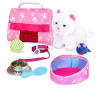 Sophias 18" Doll Sized Pet Cat with Carrier, Bed & Accessories 10Piece Set 6" Soft White Kitten