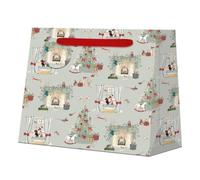 Sophie Allport Christmas Home Gift Bag, Grey Festive Present Bag with Christmas Tree, Fireplace, Rocking Horse and Red Ribbon Handles