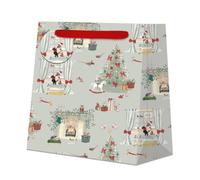 Sophie Allport Christmas Home Medium Gift Bag, Grey Festive Present Bag with Christmas Tree, Fireplace, Dogs, Rocking Horse and Red Ribbon Handles