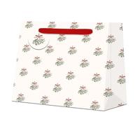Sophie Allport Christmas Mistletoe Gift Bag, Cream Festive Present Bag with Red Bow Design, Matching Gift Tag and Red Ribbon Handles