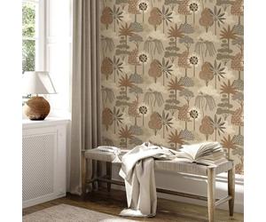 SOPHIE LAURENCE Beige Floral Wallpaper Botanical Forest Trees and Leaves Design with Gold Metallic Detail Luxury Nature-Inspired Feature Wall for Living Room, Bedroom, or Lounge Decor 10M x 0.53M