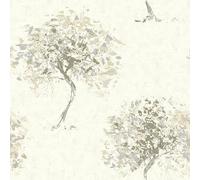 SOPHIE LAURENCE Beige Tree Wallpaper Hand Painted Effect Silver Metallic Shimmer Beacon Fell - Paste The Wall - Wallpaper for Feature Wall