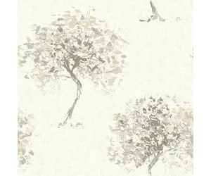 SOPHIE LAURENCE Beige Tree Wallpaper Hand Painted Effect Silver Metallic Shimmer Beacon Fell - Paste The Wall - Beige Wallpaper for Living Room (Sample)