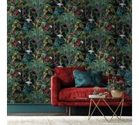 Sophie Laurence Black Jungle Paradise Wallpaper Exotic Birds Vibrant Greenery Wildflowers Feature Wall
