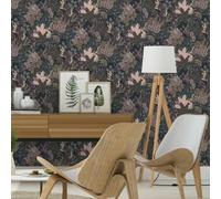 Sophie Laurence Black Pink Tropical Wallpaper Floral Leaf Textured Feature Wall