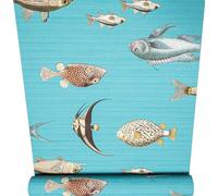 SOPHIE LAURENCE Blue Fish Wallpaper - Marine Animal Retro Design, Textured Thick Vinyl Feature Wall Covering for Lounge, Bedroom & Bathroom (53 cm × 10.05 m)