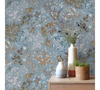Sophie Laurence Blue Floral Leaves Wallpaper Multi Flowers Smooth Finish