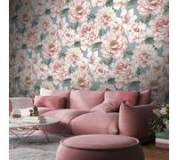 SOPHIE LAURENCE Celadon Floral Pink Duck Egg Design Wallpaper - for Modern Contemporary Looks - Add Timeless Beauty to Walls