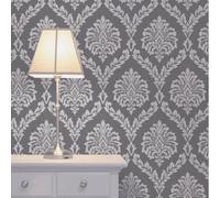 Sophie Laurence Charcoal Floral Damask Wallpaper Black Textured Silver Glitter Shimmer Vinyl Feature Wall