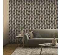 Sophie Laurence Charcoal Glam Feather Wallpaper Metallic Gold Shimmer Black Cream Leaf Feature Wall