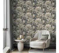 SOPHIE LAURENCE Charcoal Gold Floral Wallpaper 3D Effect Metallic Shimmer Feature Wall Lounge
