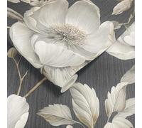 SOPHIE LAURENCE Charcoal Gold Floral Wallpaper for Living Room Grey Leaf Textured Metallic Shimmer Bedroom Hall
