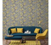 SOPHIE LAURENCE Charcoal & Ochre Oriental Trail Vinyl Wallpaper | Metallic Mustard Floral Design | Paste The Wall | Washable | Textured | 10M x 0.53M Roll Living Room Bedroom Hallway Wall Paper