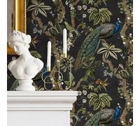 SOPHIE LAURENCE Charcoal Peacock Woods Wallpaper - Modern Botanical Design, Washable, 0.53m x 10.05m