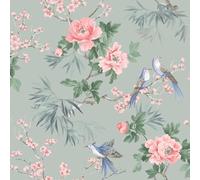 SOPHIE LAURENCE Chinoiserie Wallpaper, Sage Green, Floral and Birds Nature Design, Elegant Wall Paper for Bedroom, Living Room Decor, Washable Wall Covering, 10m Roll for Interior Design