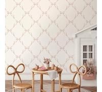 SOPHIE LAURENCE Cream and Pink Bow Wallpaper - Smooth Flat Ribbon Pattern | Decorative Feature Wall for Bedroom, Living Room and Office
